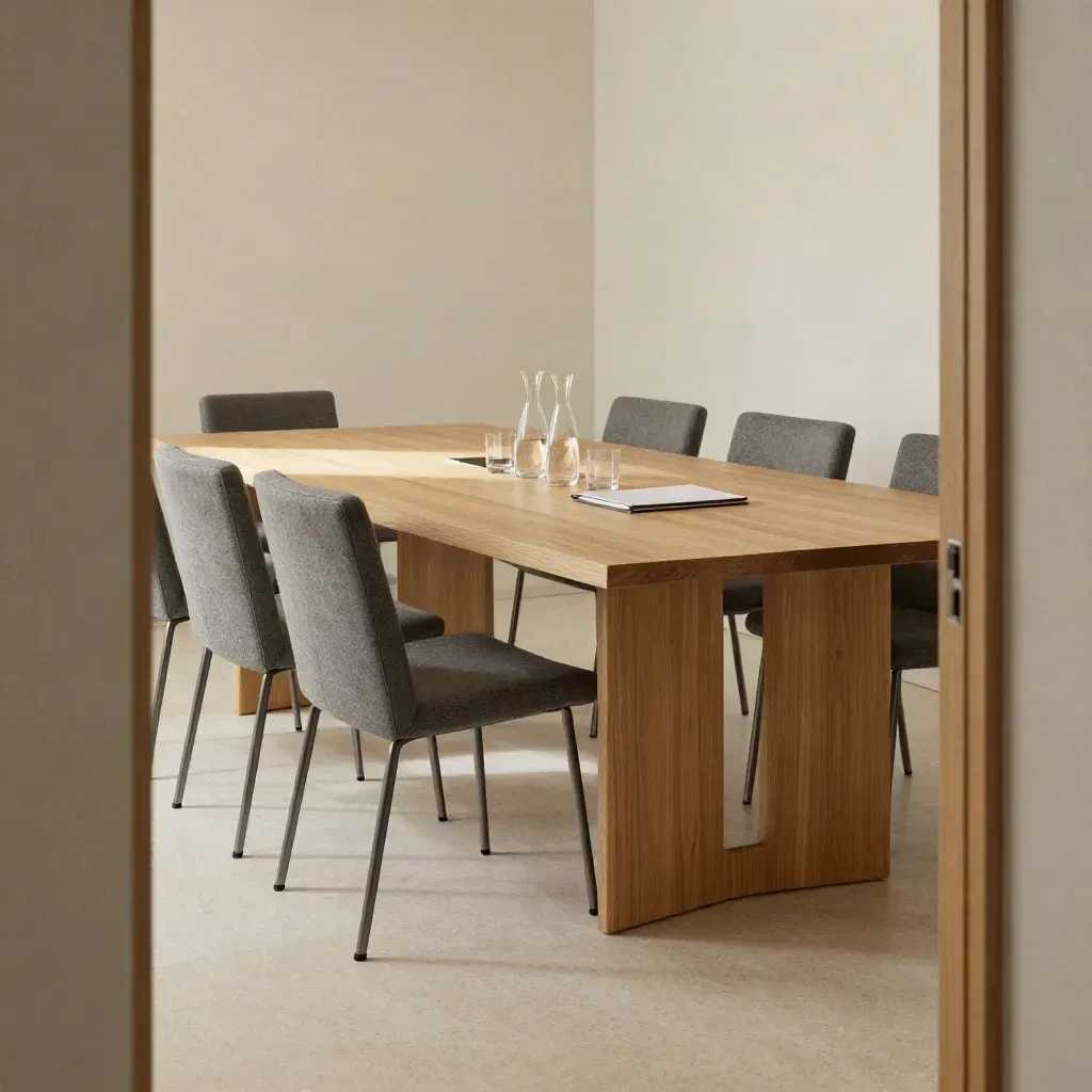 Sala riunioni vuota con tavolo chiaro, sei sedie allineate, caraffe e bicchieri in luce pomeridiana.