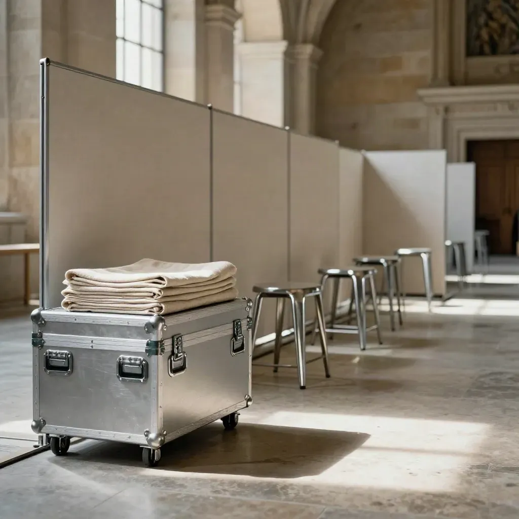 Allestimento ordinato in una hall con flight case, sedute impilate e parete mobile.