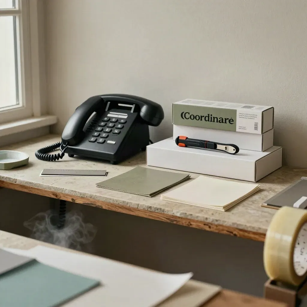 Telefono a filo e campioni sigillati su mensola in intonaco, luce radente e atmosfera calma.
