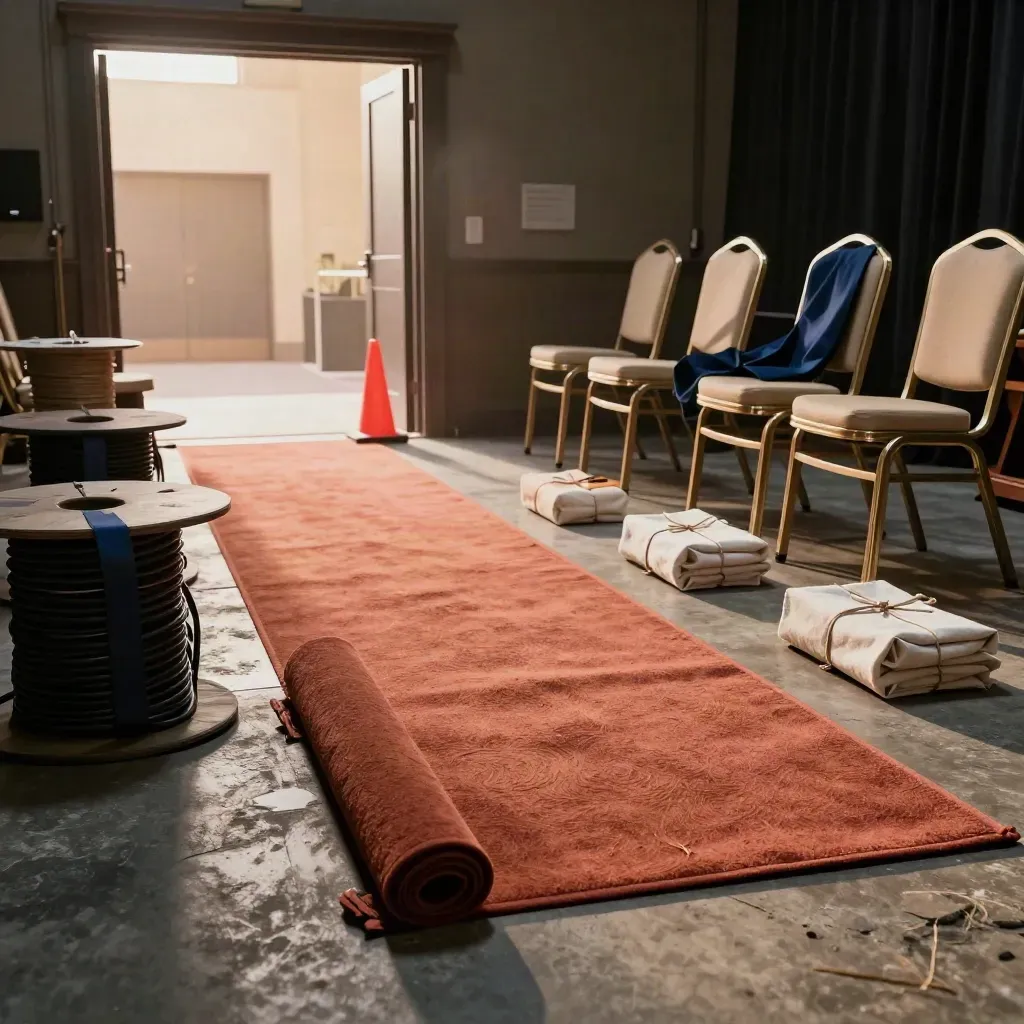 Carpet arrotolato, sedie impilate, cavi e rampa verso un ingresso illuminato.