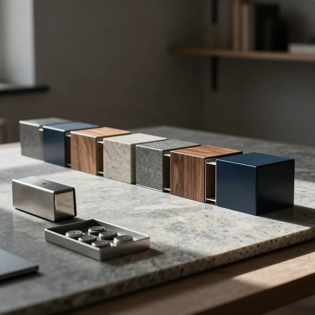 Cubi modulari, timer e vassoio metallico su lastra di pietra, luce drammatica.