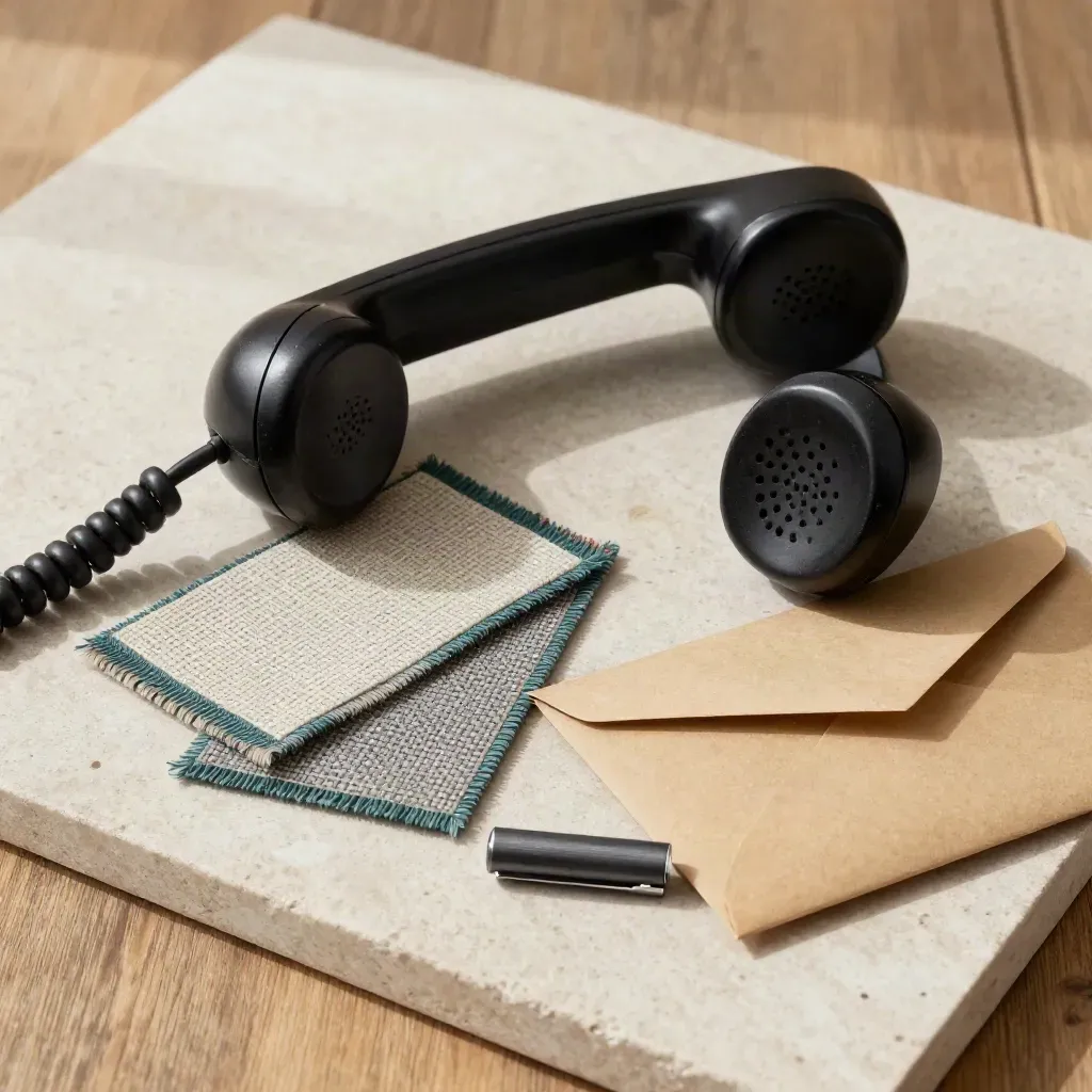 Cornetta del telefono, campioni tessili e busta sigillata su una superficie in pietra.