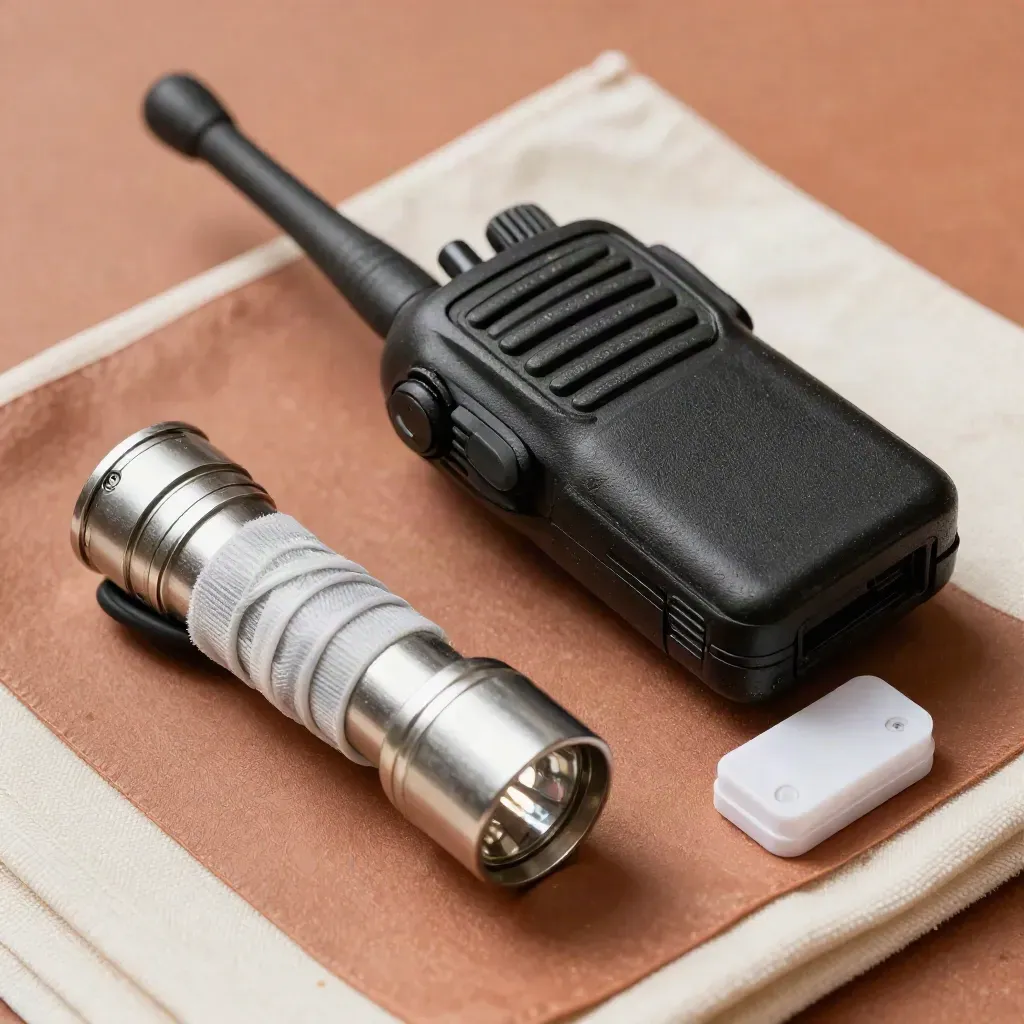 Kit evento con radio, cavo arrotolato, torcia e angolo protettivo su superficie terracotta.