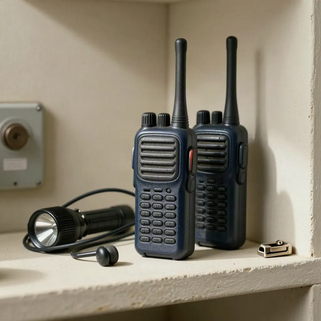 Due walkie-talkie, cavo arrotolato e torcia su mensola chiara in nicchia di servizio.