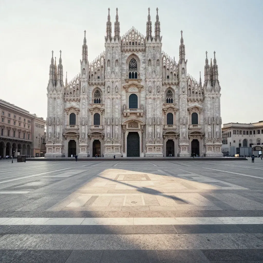 Le guglie del Duomo su piazza silenziosa, avvolte dalla foschia dorata dell’alba.