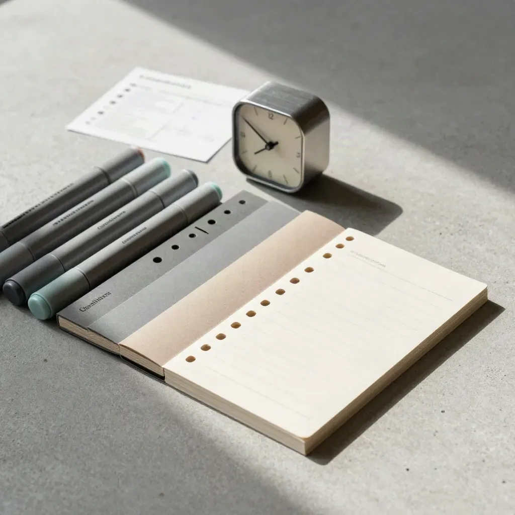 Flat lay di marker, timer e divisori di lavoro su cemento chiaro