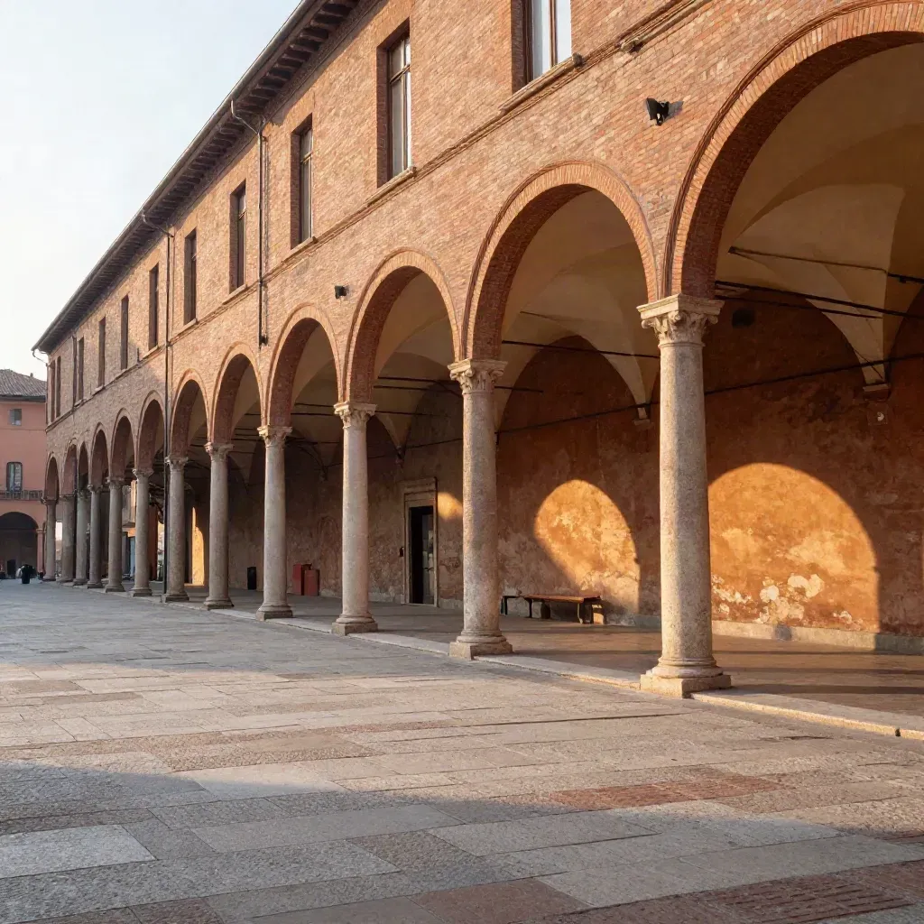 Portici di Bologna al tramonto sopra una piazza di mattoni caldi e vuota