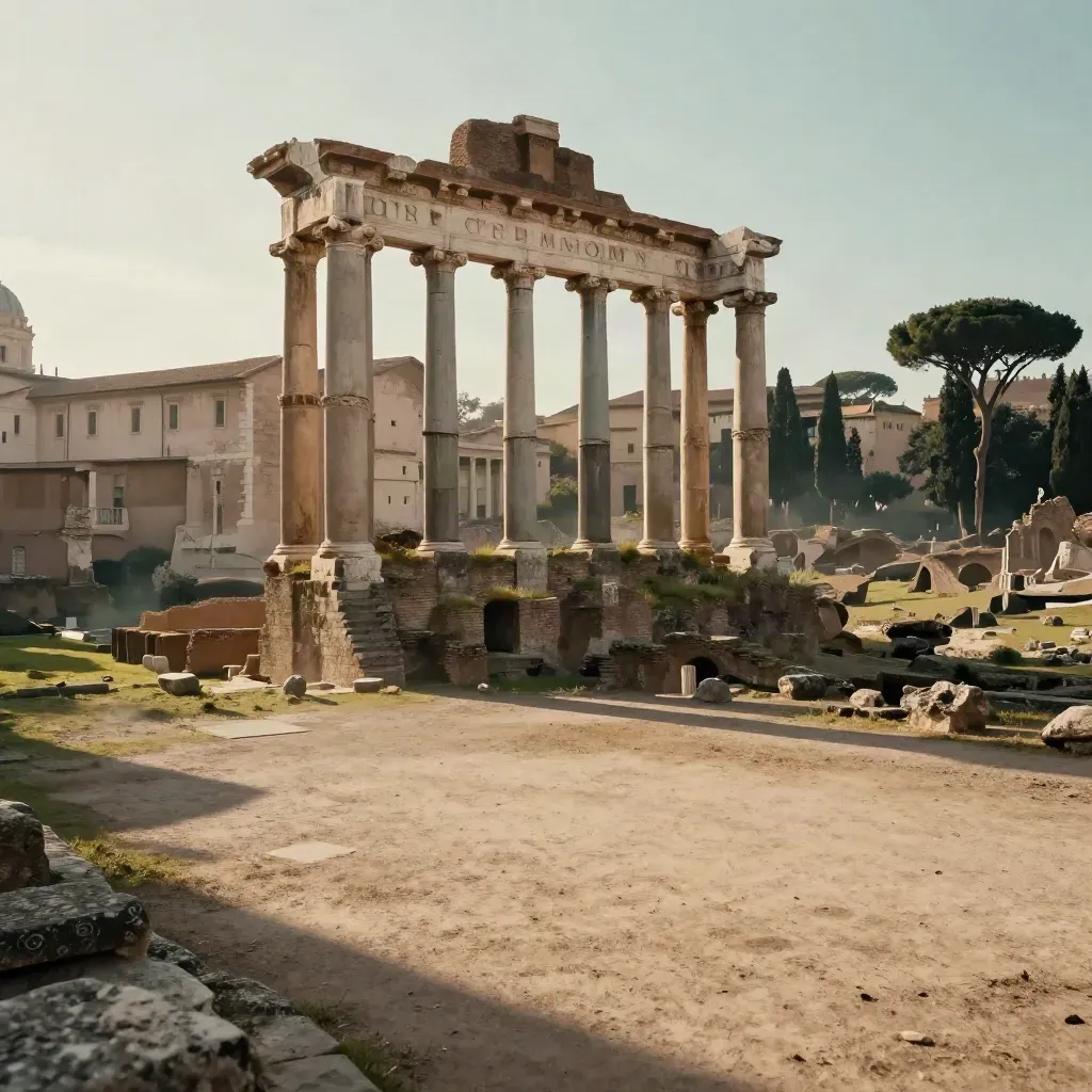 Foro Romano al tramonto con colonne spezzate, cipressi e foschia calda sopra pietra chiara.