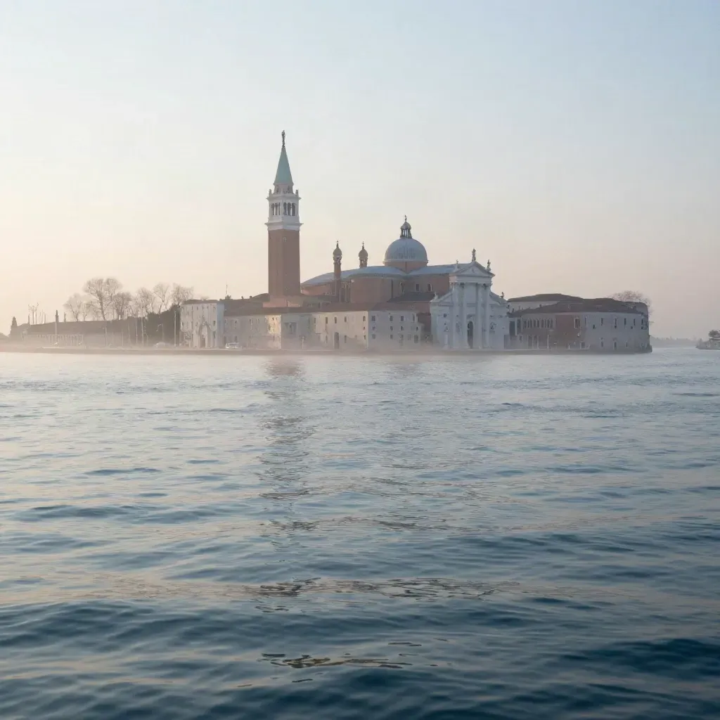 Laguna veneziana all’ora blu con campanile alto e acqua calma velata di nebbia.